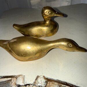 MCM All Brass Ducks Wildlife Figures Sculptures Metal VTG Very Heavy Solid Brass